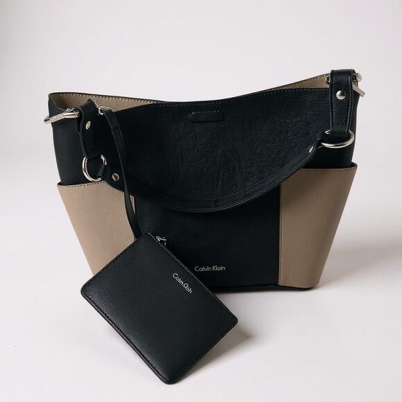 Calvin Klein Black & Taupe Color-Block Bucket Tote Bag, Wristlet new - Picture 1 of 5